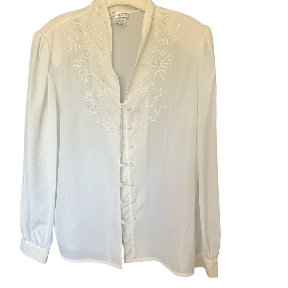 Lauren Lee Rouleau Button Long Sleeve Top Blouse Embroidered White Size 12